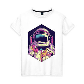 Женская футболка хлопок с принтом Космонавт с Едой в Курске, 100% хлопок | прямой крой, круглый вырез горловины, длина до линии бедер, слегка спущенное плечо | астронавт | в космосе | галактика | еда | звезды | космонавт | космос | пицца | пончик