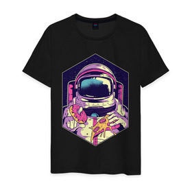 Мужская футболка хлопок с принтом Космонавт с Едой в Курске, 100% хлопок | прямой крой, круглый вырез горловины, длина до линии бедер, слегка спущенное плечо. | астронавт | в космосе | галактика | еда | звезды | космонавт | космос | пицца | пончик