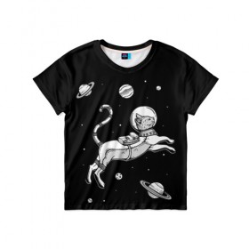 Детская футболка 3D с принтом кот в скафандре в Курске, 100% гипоаллергенный полиэфир | прямой крой, круглый вырез горловины, длина до линии бедер, чуть спущенное плечо, ткань немного тянется | Тематика изображения на принте: space | астронавт | галактика | звезды | космонавт | космос | кот | планеты | скафандр