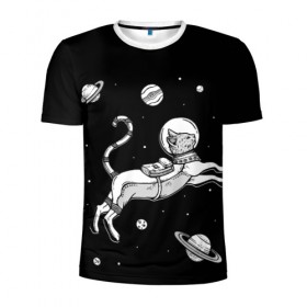 Мужская футболка 3D спортивная с принтом кот в скафандре в Курске, 100% полиэстер с улучшенными характеристиками | приталенный силуэт, круглая горловина, широкие плечи, сужается к линии бедра | space | астронавт | галактика | звезды | космонавт | космос | кот | планеты | скафандр