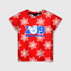 Детская футболка 3D с принтом HAPPY NEW YEAR 2019 в Курске, 100% гипоаллергенный полиэфир | прямой крой, круглый вырез горловины, длина до линии бедер, чуть спущенное плечо, ткань немного тянется | christmas | new year | pig | snow | год свиньи | ёлка | зима | кабан | каникулы | новогодний паттерн | новый год | праздник | рождество | свинья | снег | снежинки