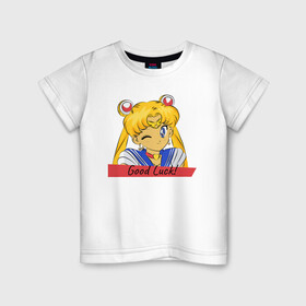 Детская футболка хлопок с принтом Sailor Moon Good Luck в Курске, 100% хлопок | круглый вырез горловины, полуприлегающий силуэт, длина до линии бедер | good luck | goodluck | sailor moon | sailormoon | мультик | мультяшка | надпись | сейлор мун | сейлормун | сэйлормун | удачи