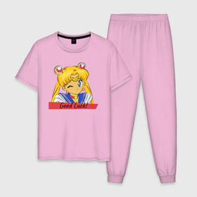 Мужская пижама хлопок с принтом Sailor Moon Good Luck в Курске, 100% хлопок | брюки и футболка прямого кроя, без карманов, на брюках мягкая резинка на поясе и по низу штанин
 | Тематика изображения на принте: good luck | goodluck | sailor moon | sailormoon | мультик | мультяшка | надпись | сейлор мун | сейлормун | сэйлормун | удачи
