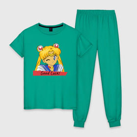 Женская пижама хлопок с принтом Sailor Moon Good Luck в Курске, 100% хлопок | брюки и футболка прямого кроя, без карманов, на брюках мягкая резинка на поясе и по низу штанин | good luck | goodluck | sailor moon | sailormoon | мультик | мультяшка | надпись | сейлор мун | сейлормун | сэйлормун | удачи