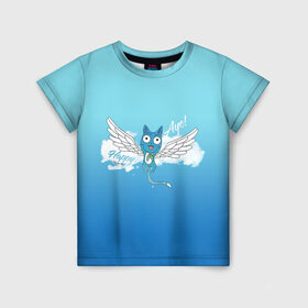 Детская футболка 3D с принтом Happy Aye! (Fairy Tail) в Курске, 100% гипоаллергенный полиэфир | прямой крой, круглый вырез горловины, длина до линии бедер, чуть спущенное плечо, ткань немного тянется | Тематика изображения на принте: anime | blue | cat | fairy tail | happy | аниме | кот | кошка | синий | хвост феи | хэппи