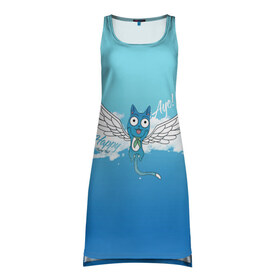 Платье-майка 3D с принтом Happy Aye! (Fairy Tail) в Курске, 100% полиэстер | полуприлегающий силуэт, широкие бретели, круглый вырез горловины, удлиненный подол сзади. | anime | blue | cat | fairy tail | happy | аниме | кот | кошка | синий | хвост феи | хэппи