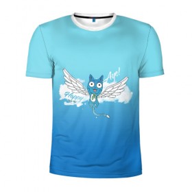 Мужская футболка 3D спортивная с принтом Happy Aye! (Fairy Tail) в Курске, 100% полиэстер с улучшенными характеристиками | приталенный силуэт, круглая горловина, широкие плечи, сужается к линии бедра | anime | blue | cat | fairy tail | happy | аниме | кот | кошка | синий | хвост феи | хэппи
