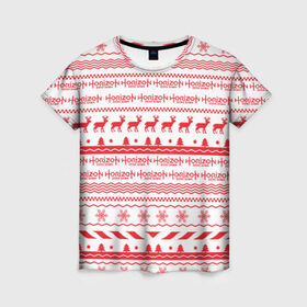 Женская футболка 3D с принтом Новогодний Horizon Zero Dawn в Курске, 100% полиэфир ( синтетическое хлопкоподобное полотно) | прямой крой, круглый вырез горловины, длина до линии бедер | 2019 | action | rpg | год | игра | новый | олени | рождество | снежинки | узор | элой | эшли бёрч
