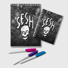 Блокнот с принтом SESH Team (Bones) в Курске, 100% бумага | 48 листов, плотность листов — 60 г/м2, плотность картонной обложки — 250 г/м2. Листы скреплены удобной пружинной спиралью. Цвет линий — светло-серый
 | Тематика изображения на принте: bones | boy | dead | deadboy | elmo | hdmi | hip | hop | kennedy | metal | rap | rapper | scream | sesh | seshollowaterboyz | skull | team | кеннеди | кости | костя | метал | рэп | рэпер | сеш | скрим | сэш | хип | хоп | череп | элмо