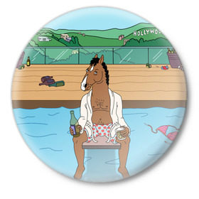 Значок с принтом Конь БоДжек в Курске,  металл | круглая форма, металлическая застежка в виде булавки | bojack | hollywood | horseman | бассейн | боджек | конь