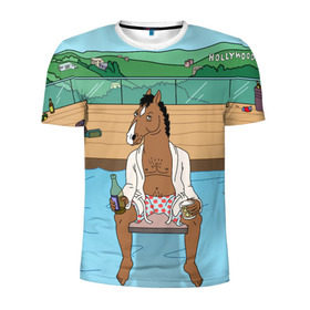 Мужская футболка 3D спортивная с принтом Конь БоДжек в Курске, 100% полиэстер с улучшенными характеристиками | приталенный силуэт, круглая горловина, широкие плечи, сужается к линии бедра | bojack | hollywood | horseman | бассейн | боджек | конь