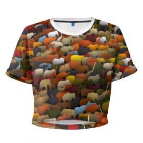 Женская футболка 3D укороченная с принтом Слоны идут налево в Курске, 100% полиэстер | круглая горловина, длина футболки до линии талии, рукава с отворотами | африка | животные | индия | паттрен | слон | слоники | стадо | толпа