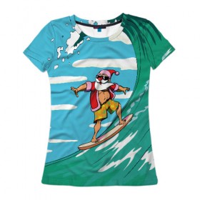 Женская футболка 3D с принтом Cool Santa в Курске, 100% полиэфир ( синтетическое хлопкоподобное полотно) | прямой крой, круглый вырез горловины, длина до линии бедер | cool | creative | design | holiday | merry christmas | new year | sea | summer | surfing | wave | волна | дизайн | канары | креатив | круто | лето | море | новый год | рождество | сёрфинг