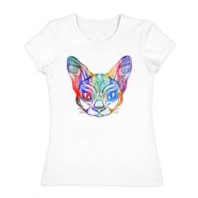 Женская футболка хлопок с принтом Разноцветная мордашка кота в Курске, 100% хлопок | прямой крой, круглый вырез горловины, длина до линии бедер, слегка спущенное плечо | большие уши | гипно кот | кот | котик | кошка | лицо | уши | ушной | цветная