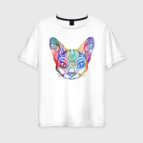 Женская футболка хлопок Oversize с принтом Разноцветная мордашка кота в Курске, 100% хлопок | свободный крой, круглый ворот, спущенный рукав, длина до линии бедер
 | большие уши | гипно кот | кот | котик | кошка | лицо | уши | ушной | цветная