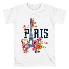 Мужская футболка хлопок с принтом Salut PARIS в Курске, 100% хлопок | прямой крой, круглый вырез горловины, длина до линии бедер, слегка спущенное плечо. | paris | башня | париж | салют | франция | французская | цветочки | цветы | эйфелева башня | эйфелевая башня