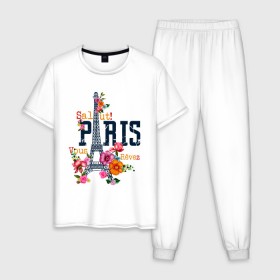 Мужская пижама хлопок с принтом Salut PARIS в Курске, 100% хлопок | брюки и футболка прямого кроя, без карманов, на брюках мягкая резинка на поясе и по низу штанин
 | Тематика изображения на принте: paris | башня | париж | салют | франция | французская | цветочки | цветы | эйфелева башня | эйфелевая башня