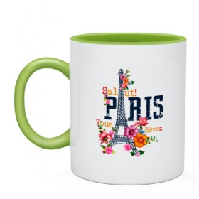 Кружка двухцветная с принтом Salut PARIS в Курске, керамика | объем — 330 мл, диаметр — 80 мм. Цветная ручка и кайма сверху, в некоторых цветах — вся внутренняя часть | Тематика изображения на принте: paris | башня | париж | салют | франция | французская | цветочки | цветы | эйфелева башня | эйфелевая башня