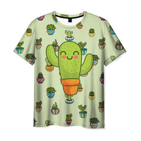 Мужская футболка 3D с принтом Веселый кактус в Курске, 100% полиэфир | прямой крой, круглый вырез горловины, длина до линии бедер | веселый | веселье | горшочек | зеленое | кактус | позитив | радость | растение | счастье | улыбка | цветок