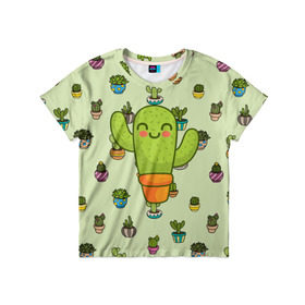 Детская футболка 3D с принтом Веселый кактус в Курске, 100% гипоаллергенный полиэфир | прямой крой, круглый вырез горловины, длина до линии бедер, чуть спущенное плечо, ткань немного тянется | веселый | веселье | горшочек | зеленое | кактус | позитив | радость | растение | счастье | улыбка | цветок