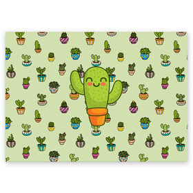 Поздравительная открытка с принтом Веселый кактус в Курске, 100% бумага | плотность бумаги 280 г/м2, матовая, на обратной стороне линовка и место для марки
 | веселый | веселье | горшочек | зеленое | кактус | позитив | радость | растение | счастье | улыбка | цветок