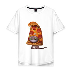Мужская футболка хлопок Oversize с принтом Котенок - пицца в Курске, 100% хлопок | свободный крой, круглый ворот, “спинка” длиннее передней части | арт | грибы | колбаса | котенок | кусок | пицца | рисунок | тесто