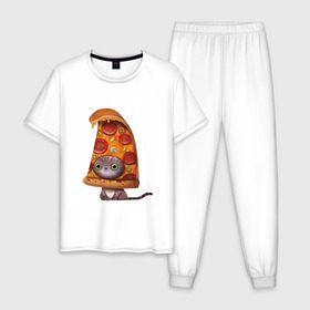 Мужская пижама хлопок с принтом Котенок - пицца в Курске, 100% хлопок | брюки и футболка прямого кроя, без карманов, на брюках мягкая резинка на поясе и по низу штанин
 | арт | грибы | колбаса | котенок | кусок | пицца | рисунок | тесто