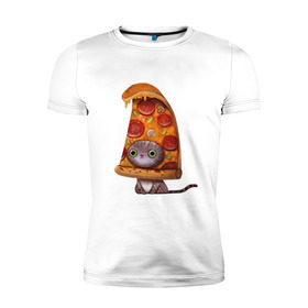 Мужская футболка премиум с принтом Котенок - пицца в Курске, 92% хлопок, 8% лайкра | приталенный силуэт, круглый вырез ворота, длина до линии бедра, короткий рукав | арт | грибы | колбаса | котенок | кусок | пицца | рисунок | тесто