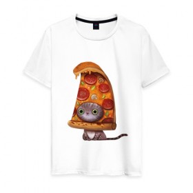 Мужская футболка хлопок с принтом Котенок - пицца в Курске, 100% хлопок | прямой крой, круглый вырез горловины, длина до линии бедер, слегка спущенное плечо. | арт | грибы | колбаса | котенок | кусок | пицца | рисунок | тесто