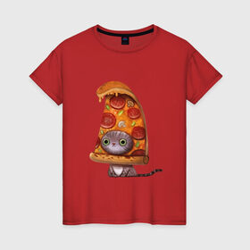 Женская футболка хлопок с принтом Котенок - пицца в Курске, 100% хлопок | прямой крой, круглый вырез горловины, длина до линии бедер, слегка спущенное плечо | арт | грибы | колбаса | котенок | кусок | пицца | рисунок | тесто