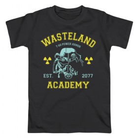 Мужская футболка хлопок с принтом Fallout в Курске, 100% хлопок | прямой крой, круглый вырез горловины, длина до линии бедер, слегка спущенное плечо. | fallout | shelter | vault | wasteland | wasteland academy | игры | компьютерные игры | фолаут | фоллаут
