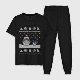 Мужская пижама хлопок с принтом New Year Totoro в Курске, 100% хлопок | брюки и футболка прямого кроя, без карманов, на брюках мягкая резинка на поясе и по низу штанин
 | Тематика изображения на принте: 2019 | дед мороз | дом | елка | желание | животные | зима | кабан | милый | мороз | настроение | новый год | пеппа | подарок | позитив | поросенок | праздник | радость | рождество | санта клаус | свинка
