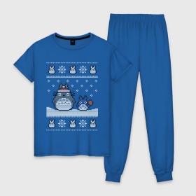 Женская пижама хлопок с принтом New Year Totoro в Курске, 100% хлопок | брюки и футболка прямого кроя, без карманов, на брюках мягкая резинка на поясе и по низу штанин | Тематика изображения на принте: 2019 | дед мороз | дом | елка | желание | животные | зима | кабан | милый | мороз | настроение | новый год | пеппа | подарок | позитив | поросенок | праздник | радость | рождество | санта клаус | свинка