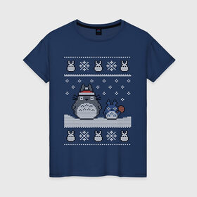 Женская футболка хлопок с принтом New Year Totoro в Курске, 100% хлопок | прямой крой, круглый вырез горловины, длина до линии бедер, слегка спущенное плечо | 2019 | дед мороз | дом | елка | желание | животные | зима | кабан | милый | мороз | настроение | новый год | пеппа | подарок | позитив | поросенок | праздник | радость | рождество | санта клаус | свинка