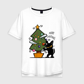 Мужская футболка хлопок Oversize с принтом Merry Christmas в Курске, 100% хлопок | свободный крой, круглый ворот, “спинка” длиннее передней части | 2019 | дед мороз | дом | елка | желание | животные | зима | кабан | милый | мороз | настроение | новый год | пеппа | подарок | позитив | поросенок | праздник | радость | рождество | санта клаус | свинка