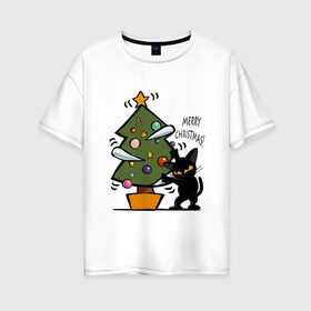 Женская футболка хлопок Oversize с принтом Merry Christmas в Курске, 100% хлопок | свободный крой, круглый ворот, спущенный рукав, длина до линии бедер
 | 2019 | дед мороз | дом | елка | желание | животные | зима | кабан | милый | мороз | настроение | новый год | пеппа | подарок | позитив | поросенок | праздник | радость | рождество | санта клаус | свинка