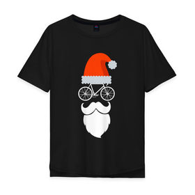 Мужская футболка хлопок Oversize с принтом Санта - велосипедист в Курске, 100% хлопок | свободный крой, круглый ворот, “спинка” длиннее передней части | Тематика изображения на принте: 