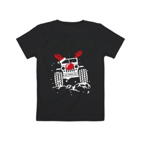 Детская футболка хлопок с принтом Новогодний внедорожник в Курске, 100% хлопок | круглый вырез горловины, полуприлегающий силуэт, длина до линии бедер | Тематика изображения на принте: 