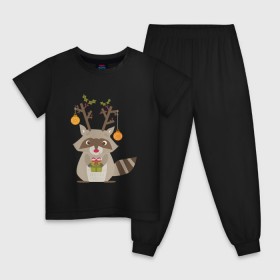 Детская пижама хлопок с принтом Новогодний енот в Курске, 100% хлопок |  брюки и футболка прямого кроя, без карманов, на брюках мягкая резинка на поясе и по низу штанин
 | Тематика изображения на принте: 