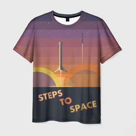 Мужская футболка 3D с принтом STEPS TO SPACE в Курске, 100% полиэфир | прямой крой, круглый вырез горловины, длина до линии бедер | Тематика изображения на принте: elon musk | falcon 9 | spacex | илон маск | ступень ракеты