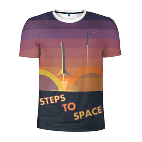 Мужская футболка 3D спортивная с принтом STEPS TO SPACE в Курске, 100% полиэстер с улучшенными характеристиками | приталенный силуэт, круглая горловина, широкие плечи, сужается к линии бедра | elon musk | falcon 9 | spacex | илон маск | ступень ракеты