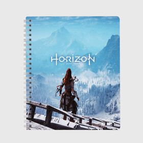 Тетрадь с принтом HORIZON ZERO DAWN в Курске, 100% бумага | 48 листов, плотность листов — 60 г/м2, плотность картонной обложки — 250 г/м2. Листы скреплены сбоку удобной пружинной спиралью. Уголки страниц и обложки скругленные. Цвет линий — светло-серый
 | Тематика изображения на принте: aloy | game | horizon zero dawn | hunter | machine | mecha | robot | snow | spear | the frozen wilds | weapon | игры | постапокалипсис | роботы | фентези | элой