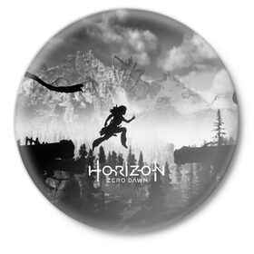 Значок с принтом Horizon Zero Dawn в Курске,  металл | круглая форма, металлическая застежка в виде булавки | Тематика изображения на принте: aloy | game | horizon zero dawn | hunter | machine | mecha | robot | snow | spear | the frozen wilds | weapon | игры | постапокалипсис | роботы | фентези | элой