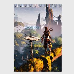 Скетчбук с принтом HORIZON ZERO DAWN в Курске, 100% бумага
 | 48 листов, плотность листов — 100 г/м2, плотность картонной обложки — 250 г/м2. Листы скреплены сверху удобной пружинной спиралью | aloy | game | horizon zero dawn | hunter | machine | mecha | robot | snow | spear | the frozen wilds | weapon | игры | постапокалипсис | роботы | фентези | элой