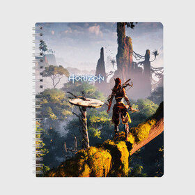 Тетрадь с принтом HORIZON ZERO DAWN в Курске, 100% бумага | 48 листов, плотность листов — 60 г/м2, плотность картонной обложки — 250 г/м2. Листы скреплены сбоку удобной пружинной спиралью. Уголки страниц и обложки скругленные. Цвет линий — светло-серый
 | aloy | game | horizon zero dawn | hunter | machine | mecha | robot | snow | spear | the frozen wilds | weapon | игры | постапокалипсис | роботы | фентези | элой