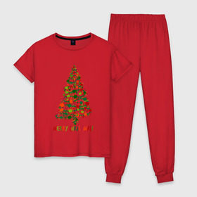 Женская пижама хлопок с принтом Merry Christmas в Курске, 100% хлопок | брюки и футболка прямого кроя, без карманов, на брюках мягкая резинка на поясе и по низу штанин | 2019 | дед мороз | дом | елка | желание | животные | зима | кабан | милый | мороз | настроение | новый год | пеппа | подарок | позитив | поросенок | праздник | радость | рождество | санта клаус | свинка