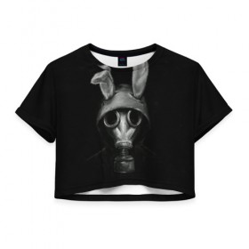 Женская футболка 3D укороченная с принтом Заяц в противогазе в Курске, 100% полиэстер | круглая горловина, длина футболки до линии талии, рукава с отворотами | 