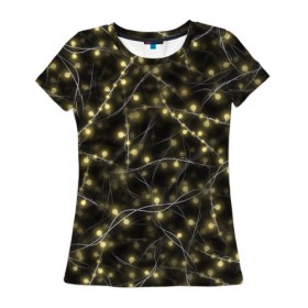 Женская футболка 3D с принтом Новогодняя гирлянда в Курске, 100% полиэфир ( синтетическое хлопкоподобное полотно) | прямой крой, круглый вырез горловины, длина до линии бедер | желтый | лампочки | новый год | огни | огоньки | провода | свет | черный | электрогирлянда