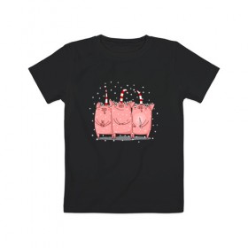 Детская футболка хлопок с принтом Три Новогодних Поросёнка в Курске, 100% хлопок | круглый вырез горловины, полуприлегающий силуэт, длина до линии бедер | Тематика изображения на принте: 