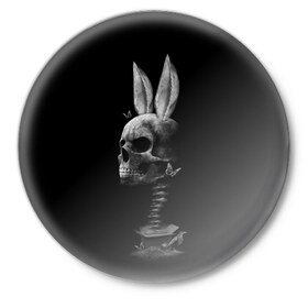 Значок с принтом Зая в Курске,  металл | круглая форма, металлическая застежка в виде булавки | бабочки | животные | зая | заяц | кости | кролик | череп | черно белый | черное и белое